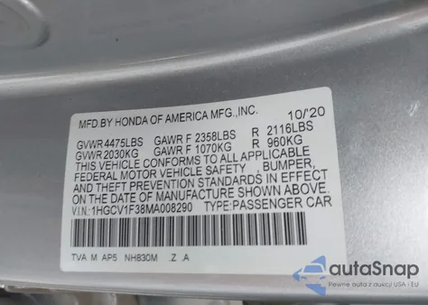 2021 Honda Accord Sport z USA, uszkodzony, nr VIN 1HGCV1F38MA008290